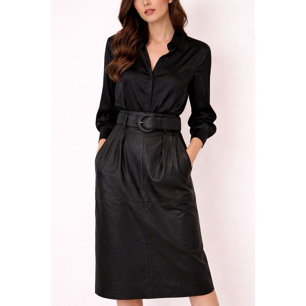 Vintage Black Leather Pencil Skirt High Waist Belted Midi Luxe Minimalist Size M